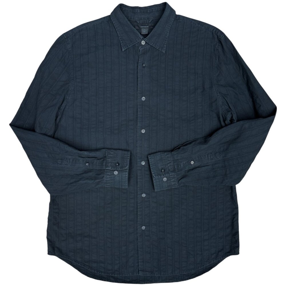 Men's EXPRESS Modern‎ Fit Textured Striped Black Dress Shirt | Size L